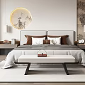Modern Chinese Bedroom Interior With Large Bed Bench Rug And Circular Landscape Painting