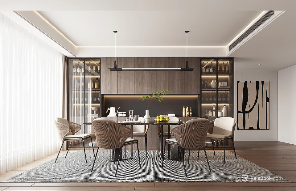 Elegant Modern Dining Room With Wooden Table Chairs Pendant Lights Shelves And Decorative Plant 3d model 
