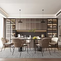Elegant Modern Dining Room With Wooden Table Chairs Pendant Lights Shelves And Decorative Plant