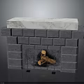 Gray Brick Fireplace Featuring White Marble Top And Wood Logs With Metal Grate