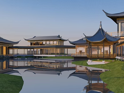 Chinese-style courtyard building pool 3d model