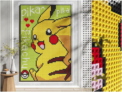 Vibrant Yellow Pikachu Mosaic Wall Art With Hearts And Pokeball Decoration 3d model