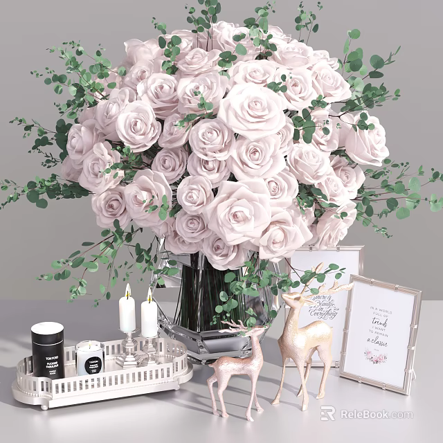 Pink Roses And Eucalyptus Leaves In Black Vase With Deer Figurines Picture Frames And Candles 3d model 