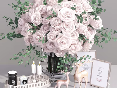 Pink Roses And Eucalyptus Leaves In Black Vase With Deer Figurines Picture Frames And Candles 3d model