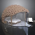 Modern Dome Shaped Building With Wooden Geometric Pattern Transparent Covering And Bed Inside