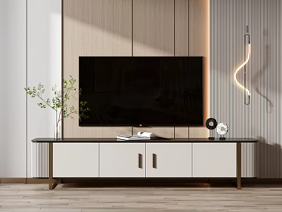 Modern Minimalist TV Stand With TV Books Green Plant And Decorative Items On Wooden Wall 3d model