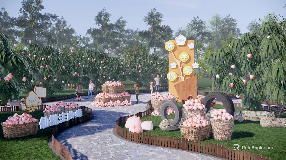 Scenic Park Landscape With Lush Peach Orchard Baskets And Harvest Decorations 3d model 