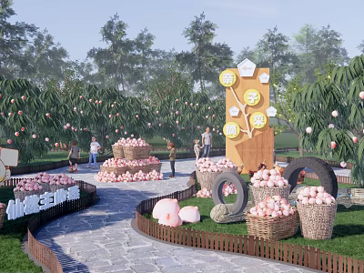 Scenic Park Landscape With Lush Peach Orchard Baskets And Harvest Decorations 3d model