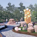 Scenic Park Landscape With Lush Peach Orchard Baskets And Harvest Decorations