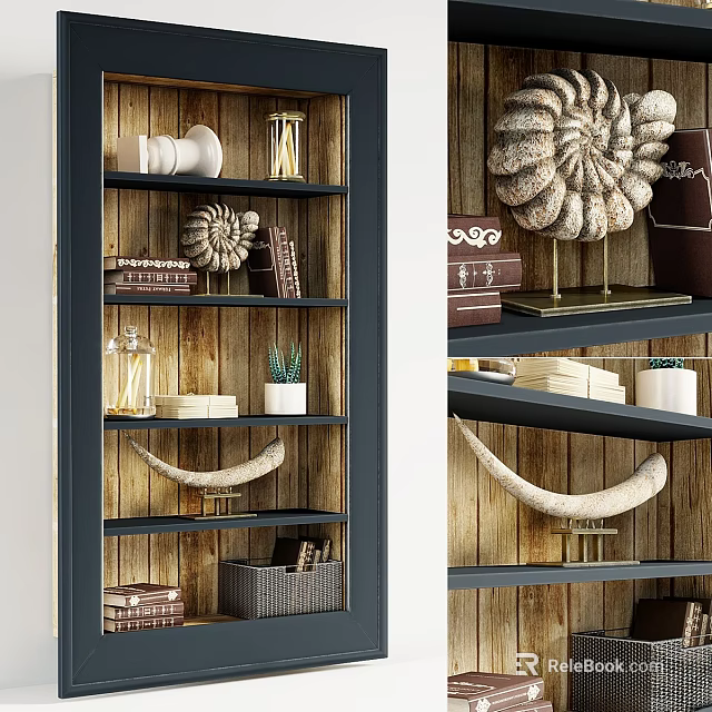 Stylish Storage Shelving Unit With Wooden Background Dark Shelves Books Plants And Decorative Objects 3d model 
