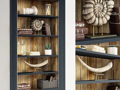 Stylish Storage Shelving Unit With Wooden Background Dark Shelves Books Plants And Decorative Objects 3d model
