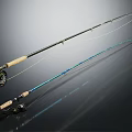 Two Modern Fishing Rods With Wooden Handles Blue Shafts Reels And Fishing Line