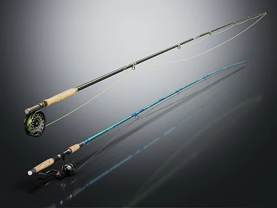 Two Modern Fishing Rods With Wooden Handles Blue Shafts Reels And Fishing Line 3d model