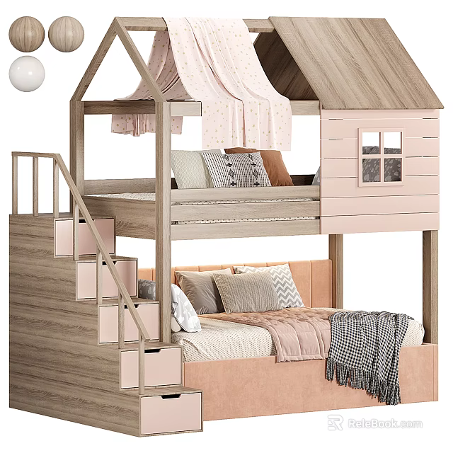 Wooden House Shaped Bunk Bed with Pink Curtains Stairs and Mattress Pillows Blanket 3d model 