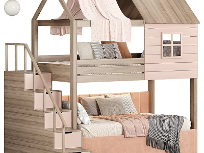Wooden House Shaped Bunk Bed with Pink Curtains Stairs and Mattress Pillows Blanket 3d model
