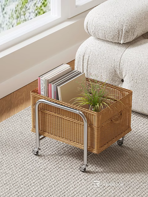 Wicker Side Table With Wheels Holding Books And Potted Plant Beside Sofa 3d model 