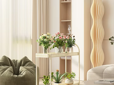 Decorative Plant Stand Holding Colorful Flowers And Glass Vases In Living Room 3d model