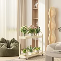 Decorative Plant Stand Holding Colorful Flowers And Glass Vases In Living Room