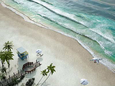 Aerial View Of Serene Tropical Beach Scenery With Palm Trees And Gentle Turquoise Ocean Waves 3d model
