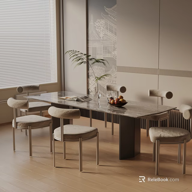 Modern Dining Table Set With Marble Top And Upholstered Chairs Near Window With Plant And Fruit Bowl 3d model 