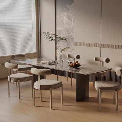 Modern Dining Table Set With Marble Top And Upholstered Chairs Near Window With Plant And Fruit Bowl 3d model
