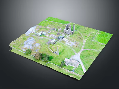Cartoon Style 3D Model Scene With Green Grass Paths Buildings And Trees 3d model