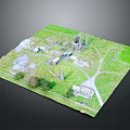 Cartoon Style 3D Model Scene With Green Grass Paths Buildings And Trees
