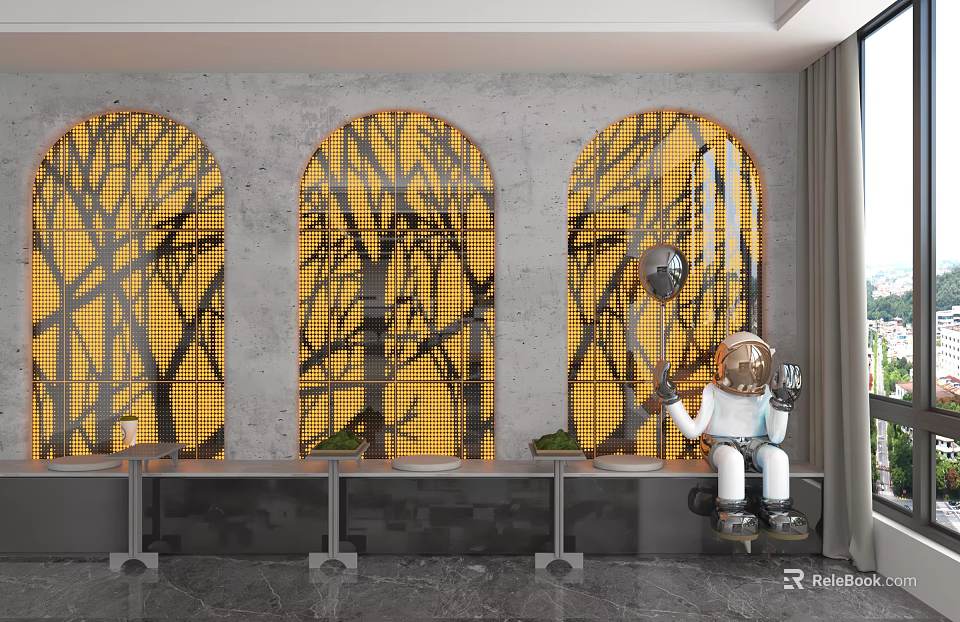 Three Arched Decorative Background Wall With Yellow Grid And Black Tree Branch Patterns 3d model 