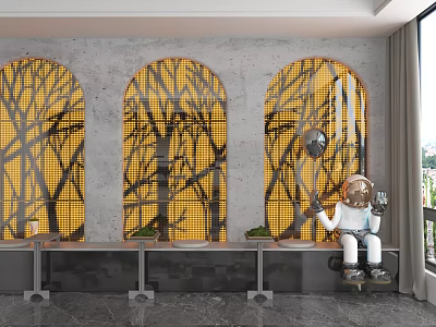 Three Arched Decorative Background Wall With Yellow Grid And Black Tree Branch Patterns 3d model