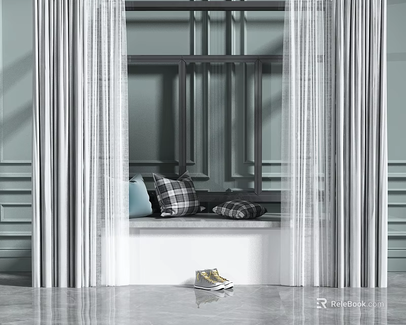 Bay Window Seat with Plaid Blue Dark Throw Pillows White Sheer Curtains and Yellow Sneakers 3d model 