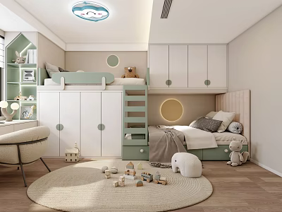Kids Room Interior With Bunk Bed White Cabinets Round Rug Desk And Toys 3d model