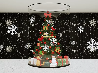 Christmas Themed Window Display With Decorated Tree Snowflakes Gifts And Merry Christmas Sign 3d model