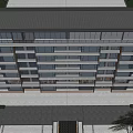 Modern Multi Storey Building Featuring Large Glass Windows Water Pool And Green Plants At Base