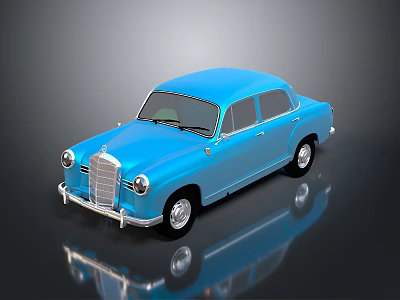 Classic Blue Mercedes Benz Car Model on Glossy Black Surface With Reflection 3d model