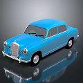 Classic Blue Mercedes Benz Car Model on Glossy Black Surface With Reflection