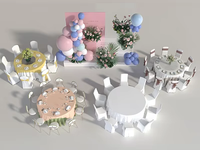 Balloon Decorations For Party Event With Round Tables Chairs And Flower Arrangements 3d model
