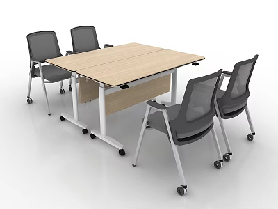 Modern Light Wooden Table and Gray Mesh Back Chair Set with Wheels 3d model