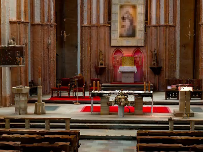 Traditional Wooden Church Pews And Altar Furniture With Red Carpet Painting 3d model