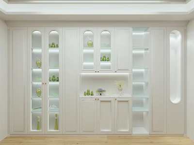 Modern White Wine Cabinet With Glass Doors And Green Bottles 3d model