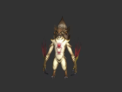 Fantasy Game Character With Spiked Head White Body Red Chest Symbol And Clawed Hands 3d model