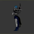 Dark Fantasy Character With Blue Hair Skeleton Face Black Outfit And Large Mechanical Structure