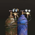 Industrial Gas Cylinders With Green And Blue Rusty Exteriors And Connecting Valves
