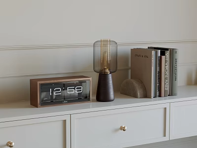 Decorative Ornament Set Including Flip Clock Glass Shade Lamp Curved Decor And Books On Cabinet 3d model