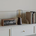 Decorative Ornament Set Including Flip Clock Glass Shade Lamp Curved Decor And Books On Cabinet