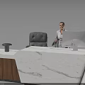 Modern Reception Desk With White Marble Top Wooden Base Gray Chair And Computer Monitor