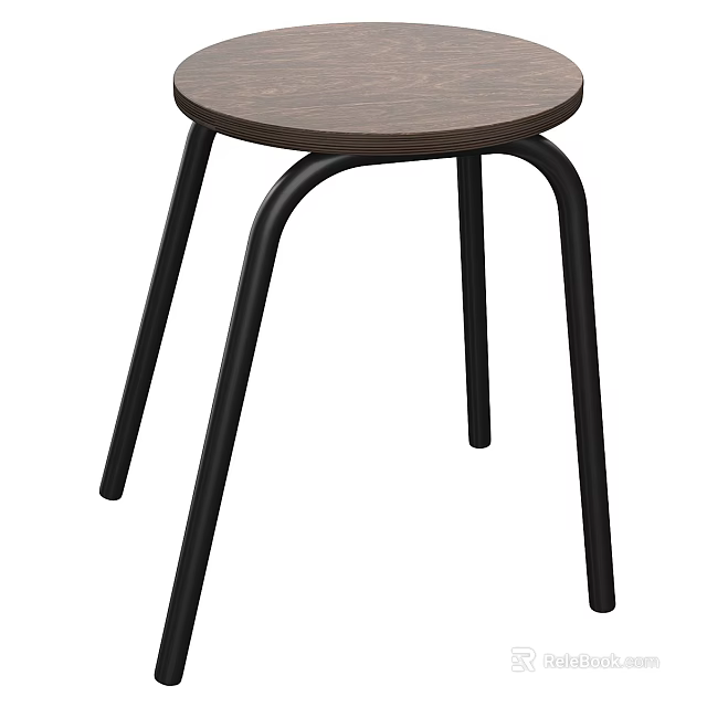 Modern Wooden Stool With Round Seat And Black Metal Curved Legs 3d model 