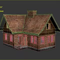 Traditional Brick House With Red Tiled Roof Chimney Wooden Door Windows And Stone Base