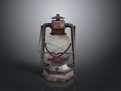 Vintage Rustic Kerosene Lamp With Glass Shade Metal Frame And Rustic Base 3d model