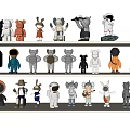 Colorful Decorative Figurines with Various Designs Displayed on Shelves in Multiple Colors