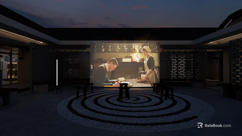 Traditional Courtyard Featuring Spiral Patterned Ground And Projection Of People Under Evening Lighting 3d model 